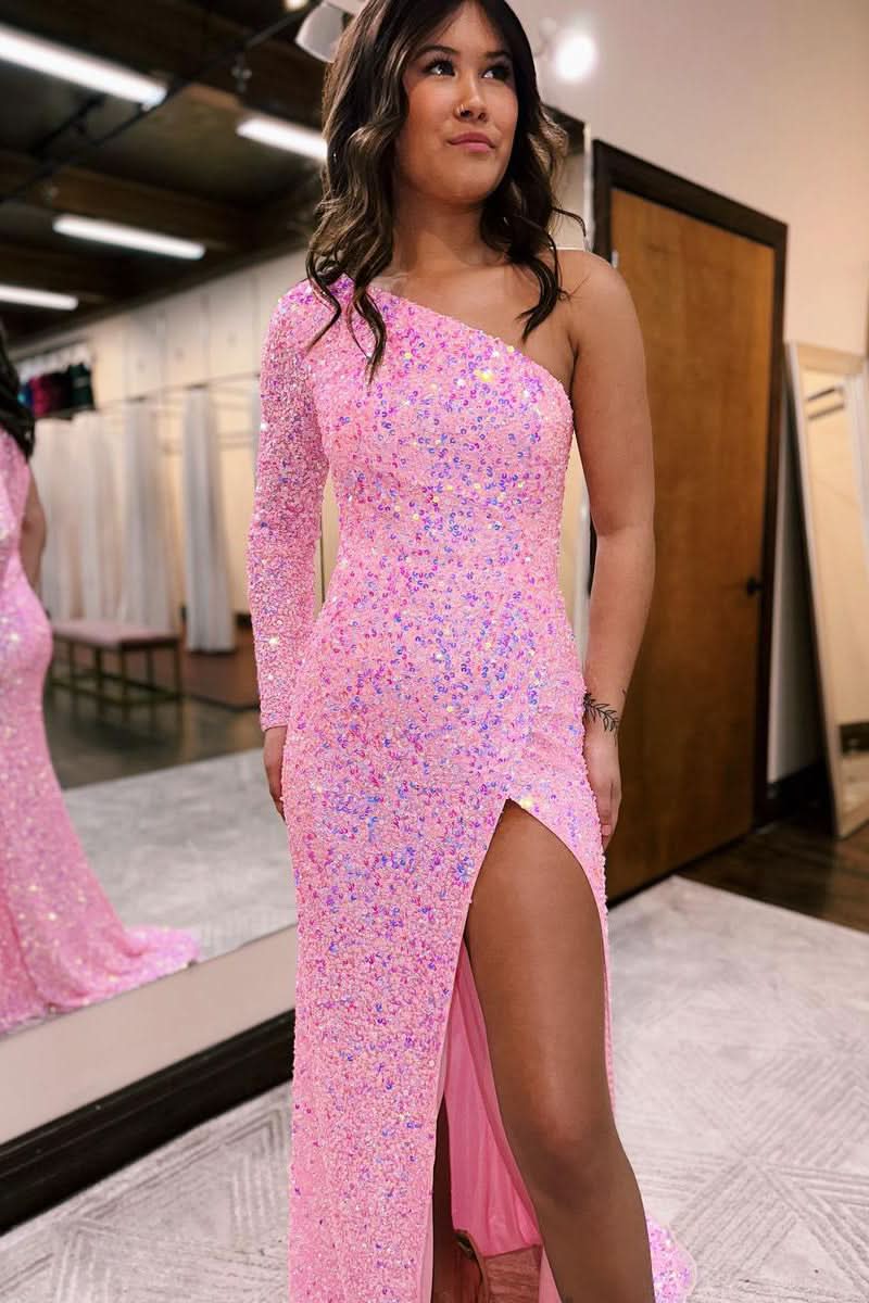 Glamorous Pink Mermaid One Shoulder Sequins Prom Dress BM bride