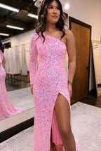 Glamorous Pink Mermaid One Shoulder Sequins Prom Dress BM bride