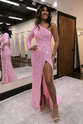 Glamorous Pink Mermaid One Shoulder Sequins Prom Dress BM bride