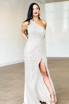 Burgundy One-Shoulder Split Mermaid Evening Dress with Backless BM bride