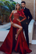 Long Sleeves Strapless Bowknot Burgundy Sequins Mermaid Prom Dress With Split BMBRIDE