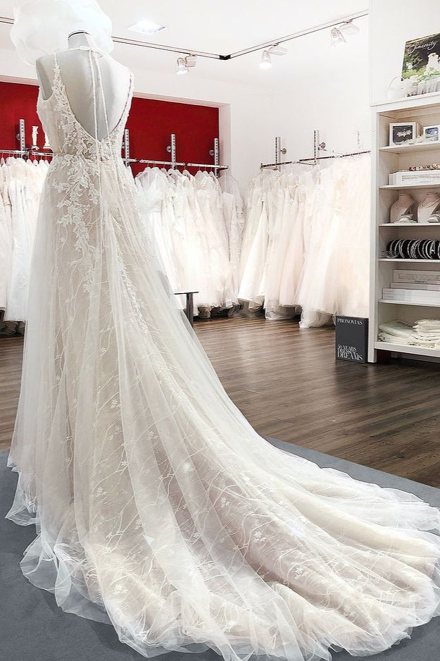 Long A-line Wedding Dress Backless Lace With Tulle V-neck BM bride