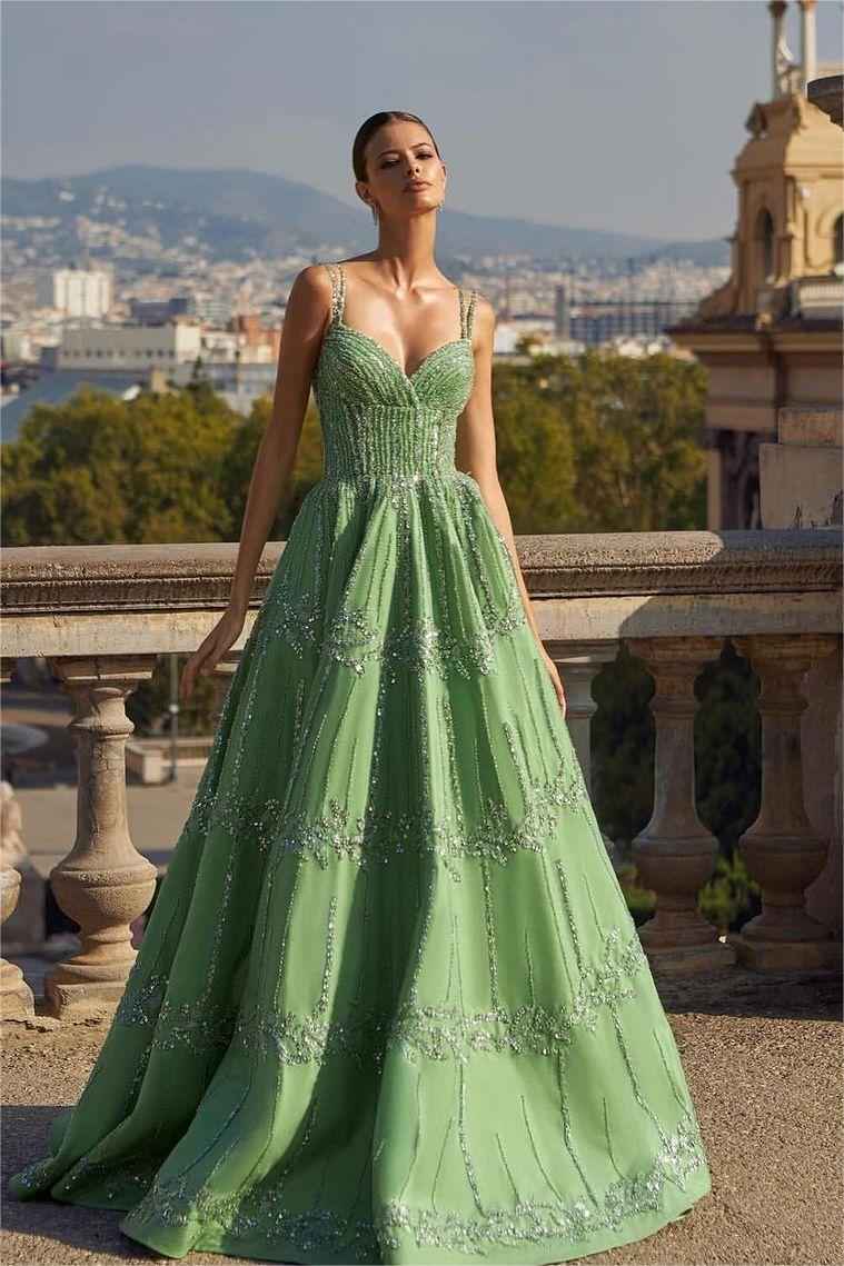 Green Spaghetti Strap Sweetheart Sleeveless Prom Dress With Bead Embroidery