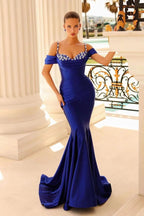 Off-The-Shoulder Sweetheart Beaded Mermaid Prom Dress with Spaghetti-Straps BM bride