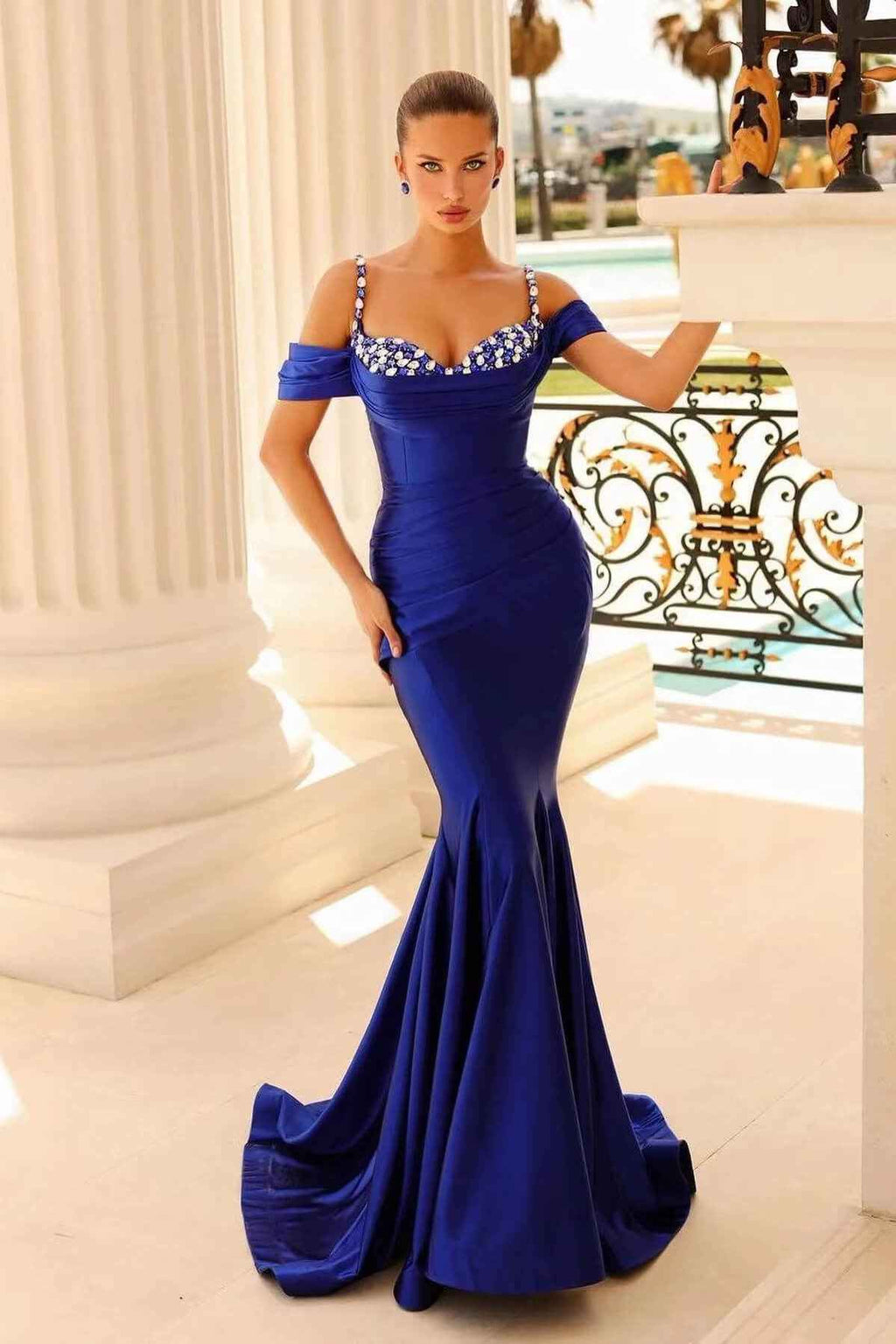 Off the Shoulder Sweetheart Beads Prom Dress With Spaghetti Strap Mermaid