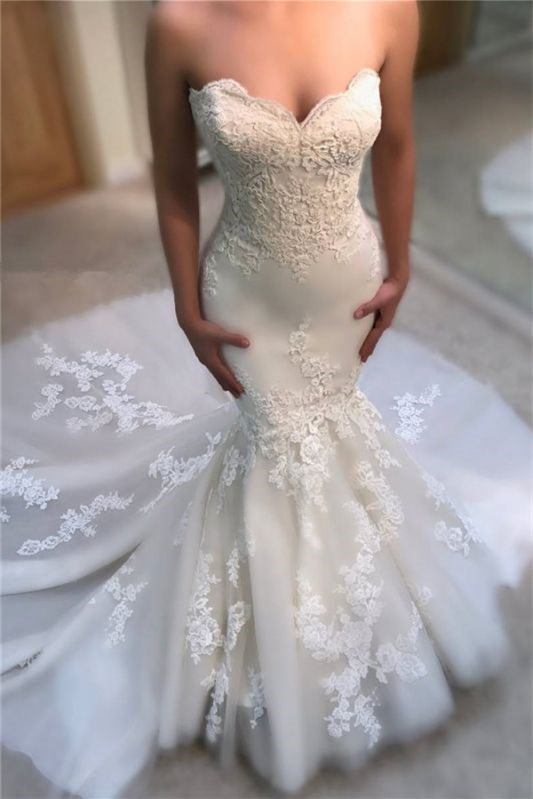 Sweetheart Long Mermaid Lace Appliques Wedding Dress BM bride