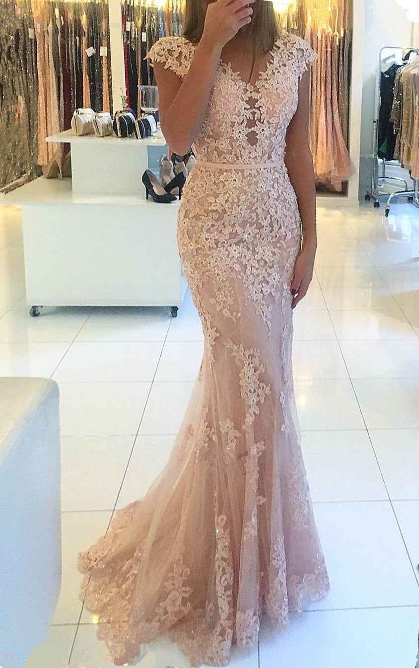 Stunning Tulle Lace Appliques Mermaid Cap Sleeves Long Prom Dress With Belt