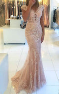 Stunning Tulle Lace Appliques Mermaid Cap Sleeves Long Prom Dress With Belt