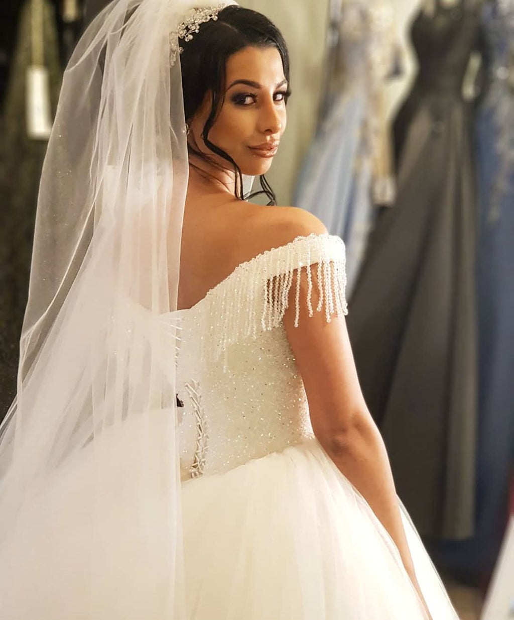 Off-the-shoulder Backless Wedding Dress With Beading Details Tassel Tulle BM bride