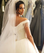 Off-the-shoulder Backless Wedding Dress With Beading Details Tassel Tulle BM bride