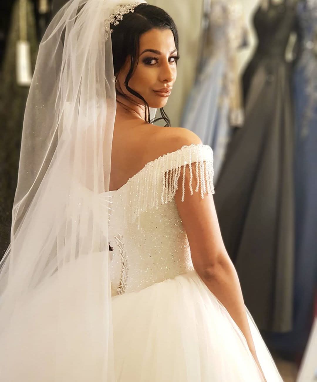 Off-the-shoulder Backless Wedding Dress With Beading Details Tassel Tulle BM bride