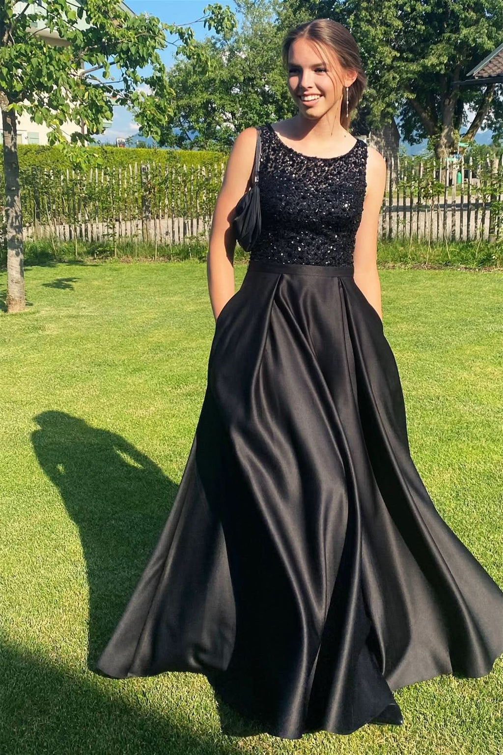 Elegant Black Sleeveless Jewel Mermaid Sequins Long Prom Dress Online BM bride