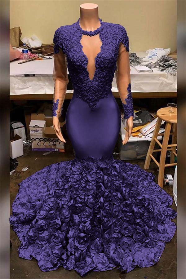 Elegant Mermaid V Neck Prom Dress Appliques Long Sleeves With Flowers Bottom BMBRIDE