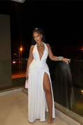 White Halter Sleeveless Backless Long Prom Dress With High Split