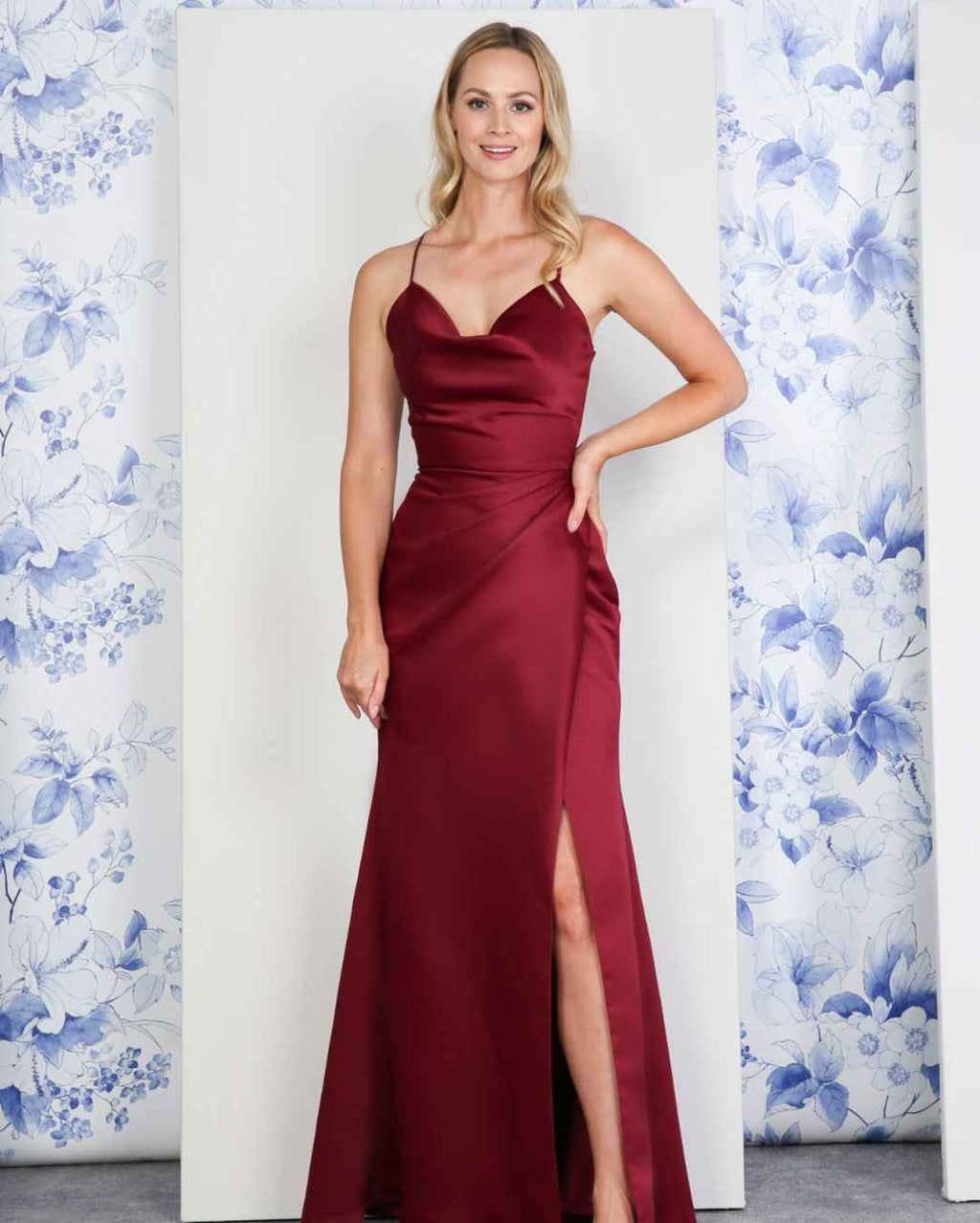 Satin Lace-up Back With High Split Sleeveless Spaghetti Strap  Prom Dress