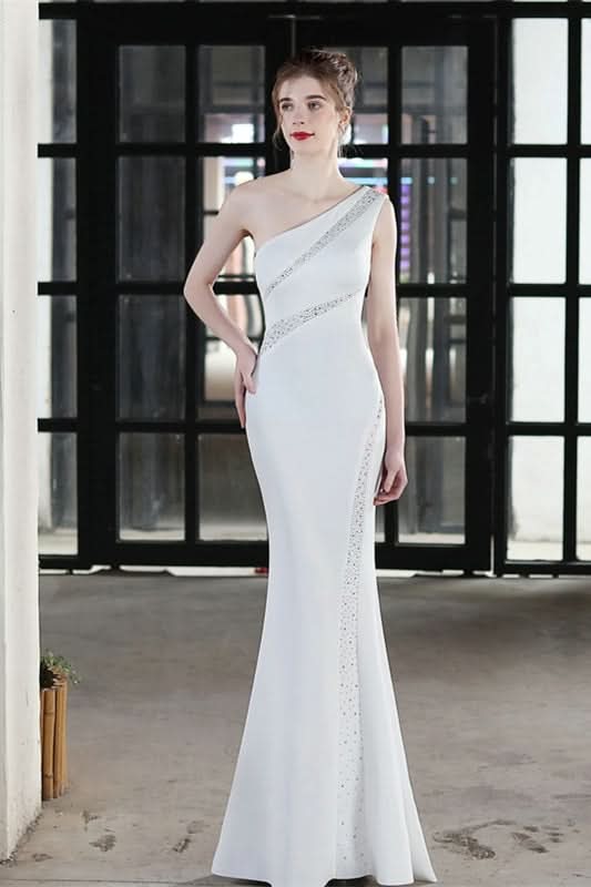 Red Mermaid Evening Dress with One Shoulder and Beaded Detail BM bride