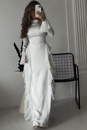 Charming White High Neck Long Sleeves High Waist Long Prom Dress With Ruffles