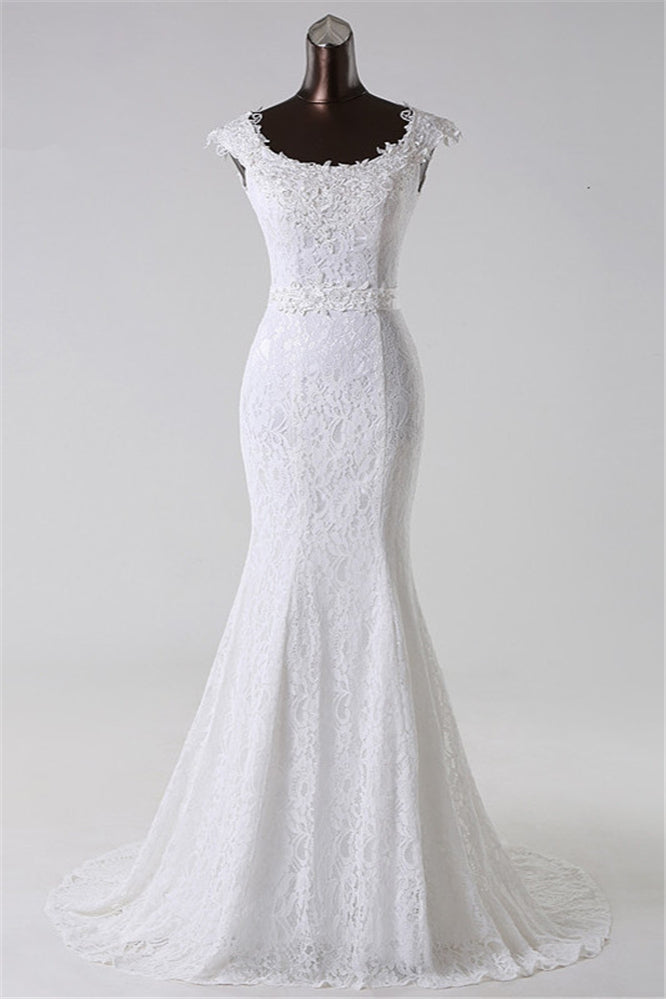 Jewel Neck Long Mermaid Lace Wedding Dress with Appliques BM bride