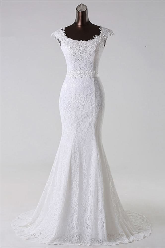 Jewel Neck Long Mermaid Lace Wedding Dress with Appliques BM bride