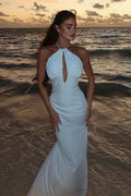 Halter Backless Sleeveless Long Prom Dress With Ruffles Sequins