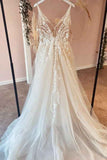 Spaghetti Strap V-Neck A-Line Backless Wedding Dress with Tulle Lace Appliques BM bride