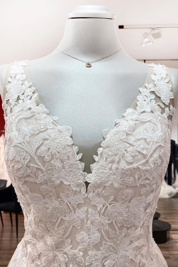 Long A-Line Tulle V-Neck Open Back Wedding Dress with Lace Appliques BM bride
