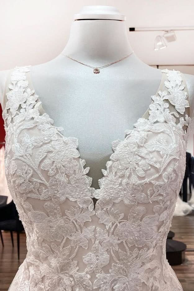 Long A-Line Tulle V-Neck Open Back Wedding Dress with Lace Appliques BM bride
