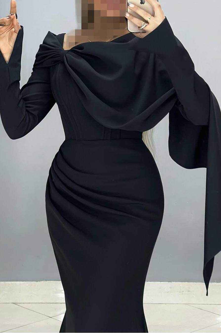 Long Sleeves High Waist Long Mermaid Prom Dress With Ruffles Pleated