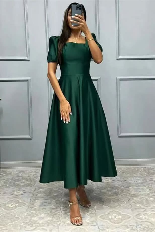 Elegant Square A-Line Prom Dress with Short Sleeves BM bride