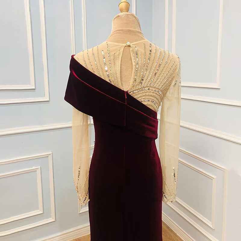 One shoulder Sequins Long Sleeves Grape Appliques Bead Embroidery Long Prom Dress