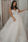 Elegant Long A-Line V-Neck Wedding Dress with Open Back and Tulle BM bride