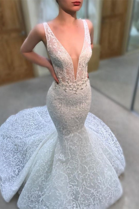 Sleeveless Deep V-Neck Long Mermaid Wedding Dress with Lace Appliques BM bride
