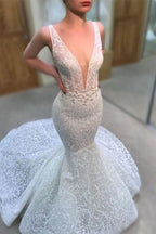 Sleeveless Deep V-Neck Long Mermaid Wedding Dress with Lace Appliques BM bride