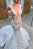 Sleeveless Deep V-Neck Long Mermaid Wedding Dress with Lace Appliques BM bride