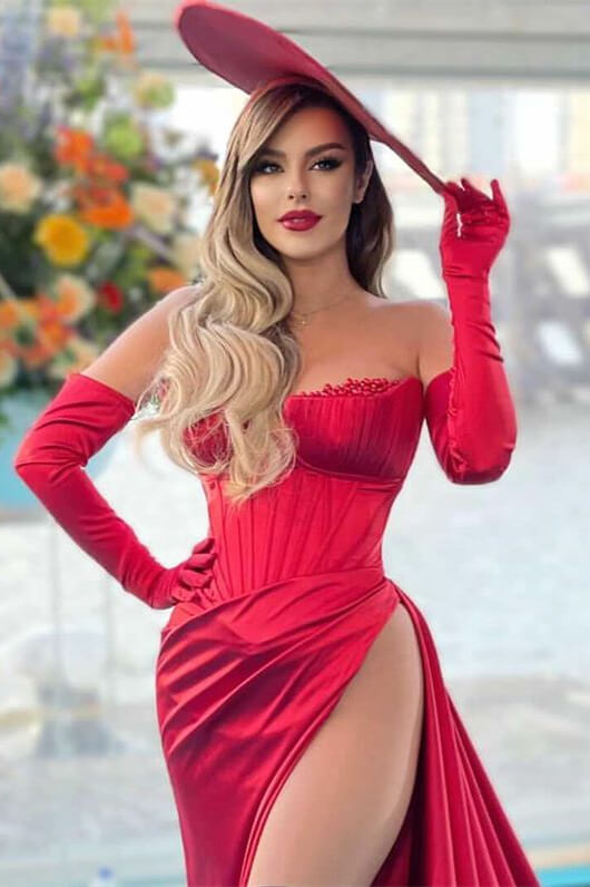 Charming Red Off-the-Shoulder Strapless Long Sleeve Evening Dress with Slit BM bride