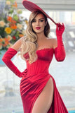 Charming Red Off-the-Shoulder Strapless Long Sleeve Evening Dress with Slit BM bride
