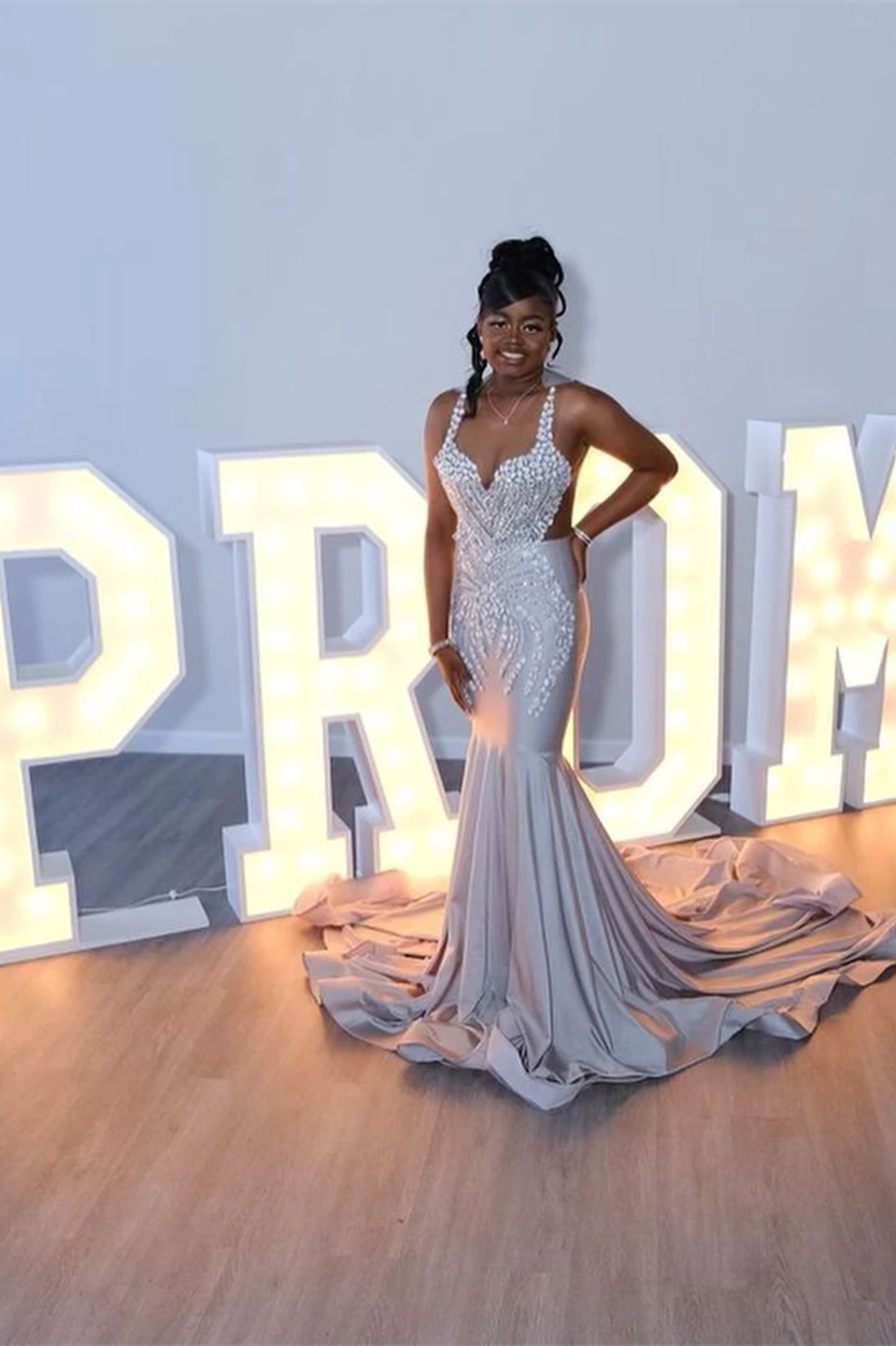 Grey Sweetheart Sequins Evening Dress Sleeveless with Beadings BM bride