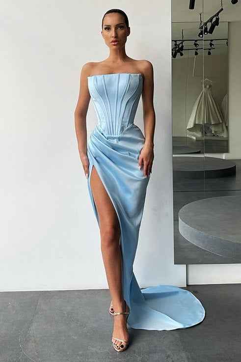 Strapless Sleeveless High Split Long Prom Dress With Pleated