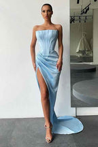Strapless Sleeveless High Split Long Prom Dress With Pleated