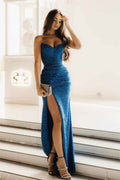 Stunning Strapless Sleeveless Long Split Prom Dress With Sequins