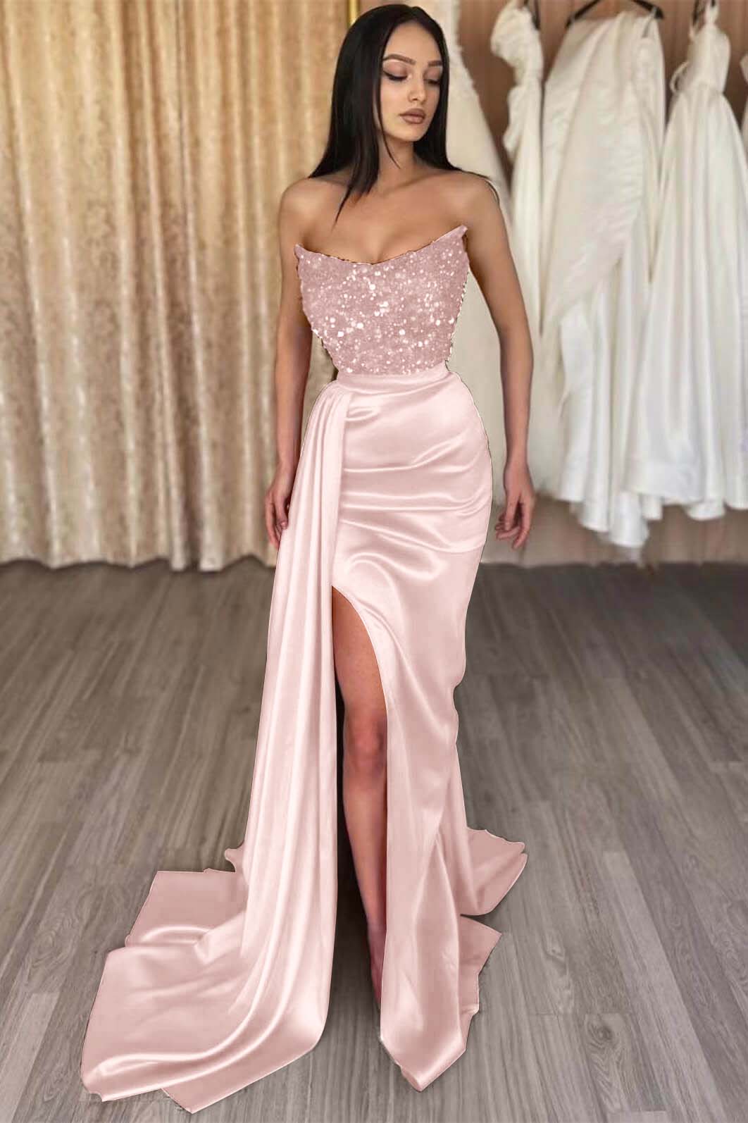 Red Strapless Elegant Sleeveless Long Sequins Prom Dress Mermaid Side Split BMBRIDE