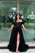 Charming Black Tulle Off the Shoulder Sleeveless Long Split Prom Dress With Embroidery