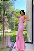 Pink Off-the-Shoulder A-Line Silk Evening Dress with Slit BM bride
