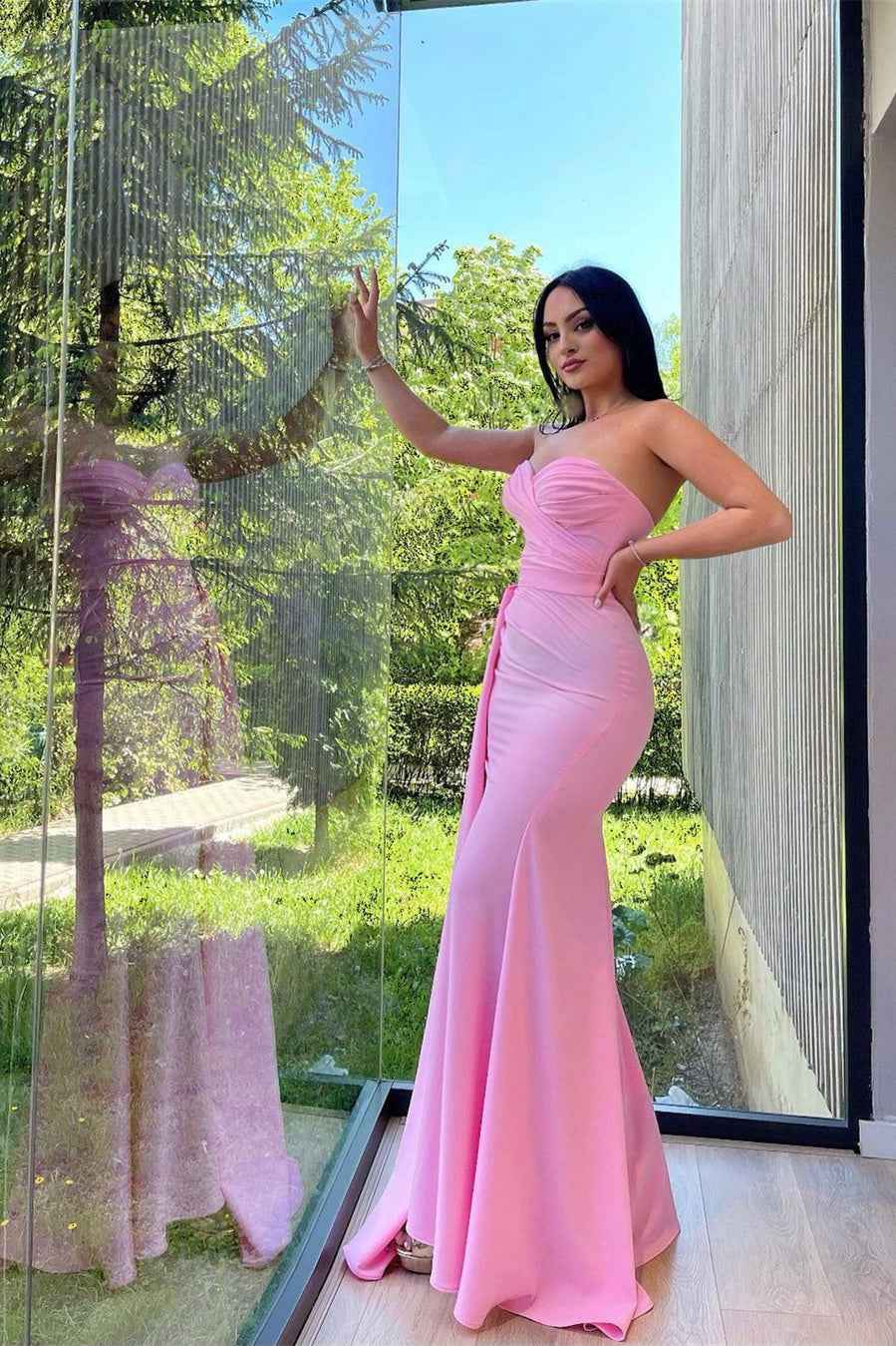 Simple Pink Sweetheart Sleeveless Mermaid Prom Dress With Split Ruffles