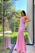 Simple Pink Sweetheart Sleeveless Mermaid Prom Dress With Split Ruffles