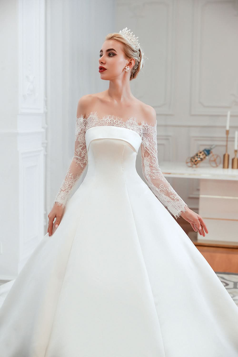 Stunning Off-the-Shoulder Long Sleeve A-Line Satin Wedding Dress with Lace BM bride