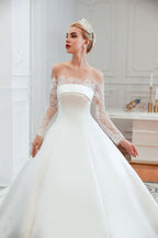 Stunning Off-the-Shoulder Long Sleeve A-Line Satin Wedding Dress with Lace BM bride