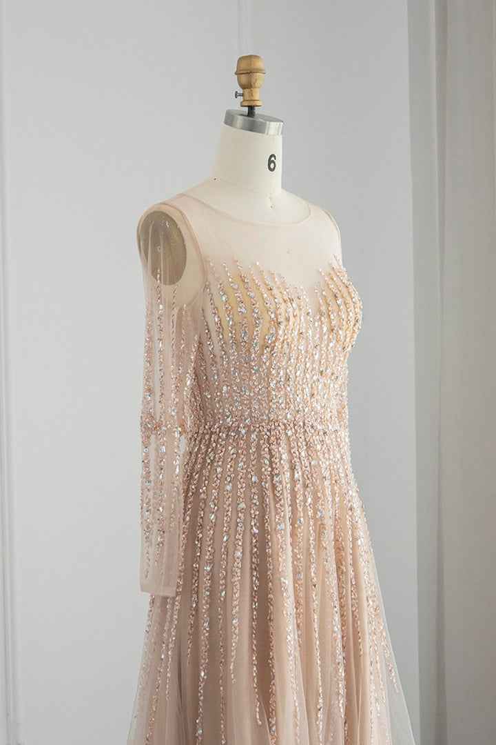 Champagne Jewel Neck A Line Prom Dress Long Sleeves Tulle With Appliques