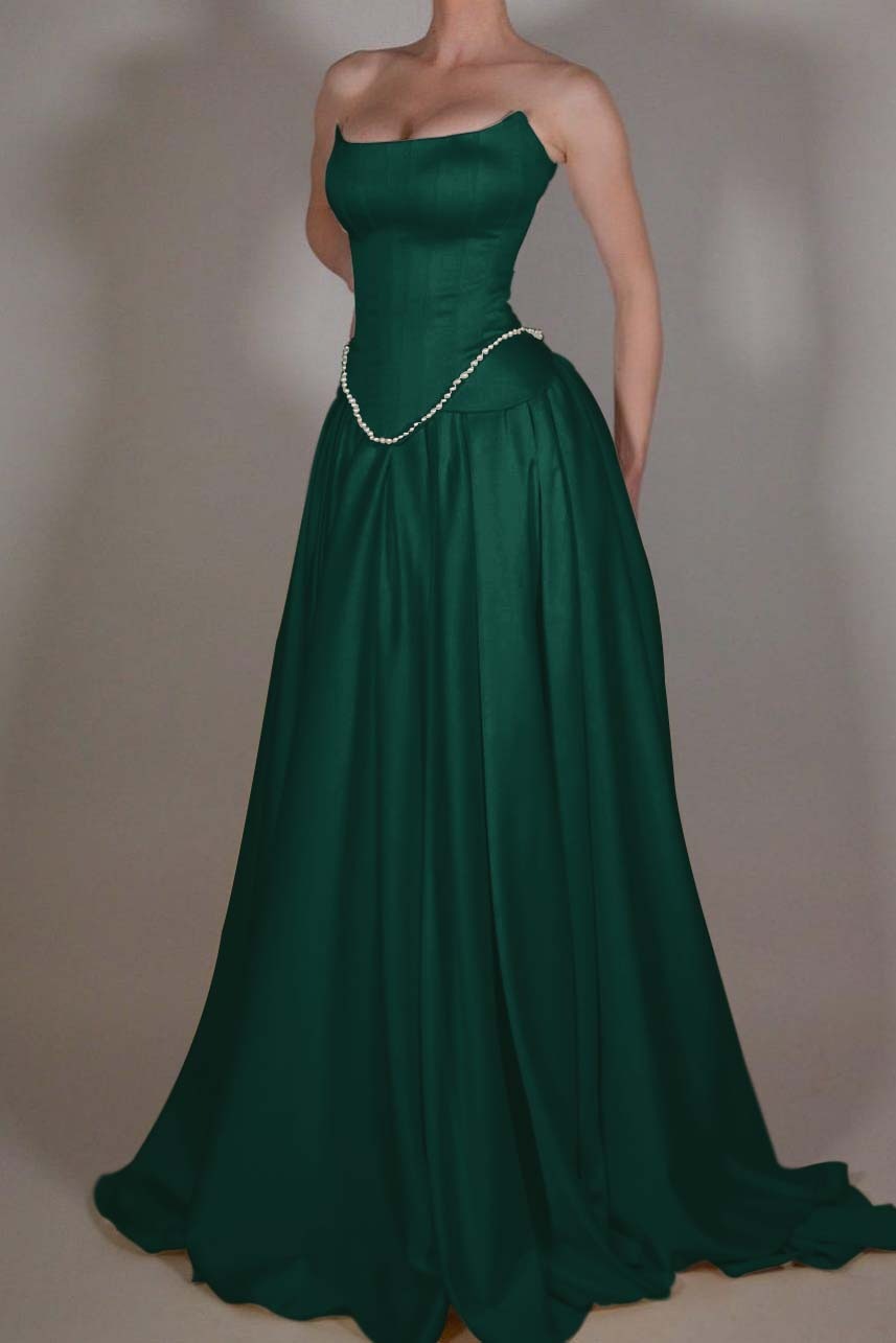 Strapless Sleeveless Long A Line Prom Dress With Pleated Beading BMBRIDE