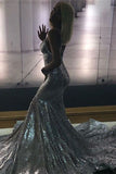 Spaghetti-Straps V-Neck Sequined Mermaid Prom Dress BM bride